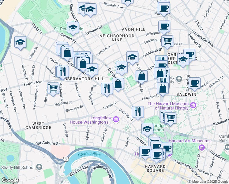 map of restaurants, bars, coffee shops, grocery stores, and more near 4 Bond Street in Cambridge
