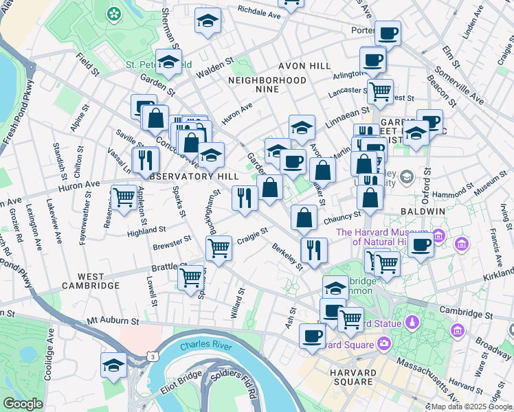 map of restaurants, bars, coffee shops, grocery stores, and more near 4 Bond Street in Cambridge