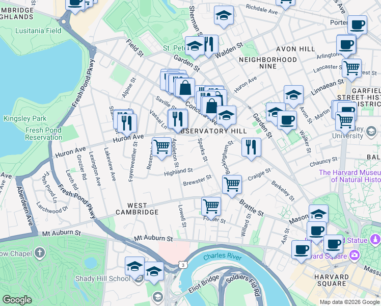 map of restaurants, bars, coffee shops, grocery stores, and more near 10 Wyman Road in Cambridge