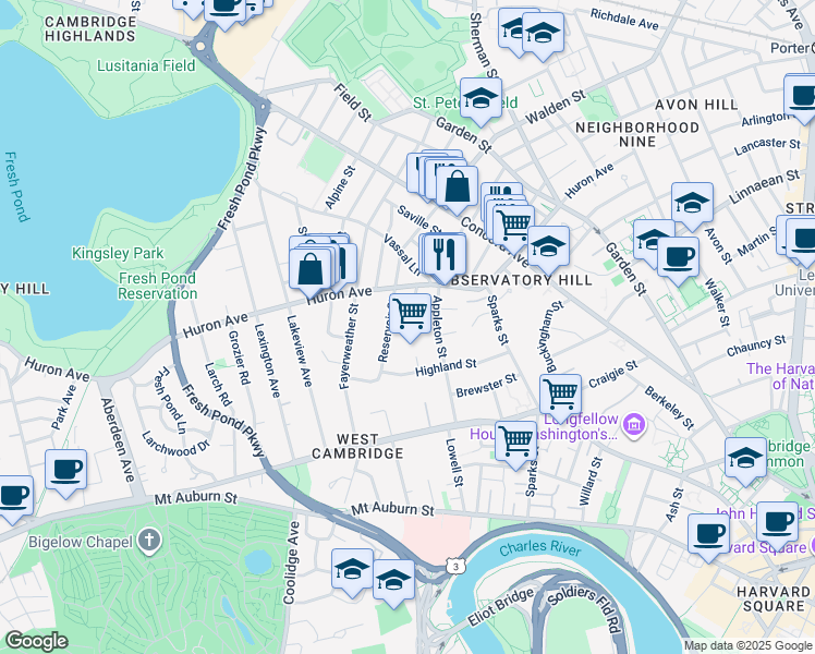map of restaurants, bars, coffee shops, grocery stores, and more near 57 Reservoir Street in Cambridge