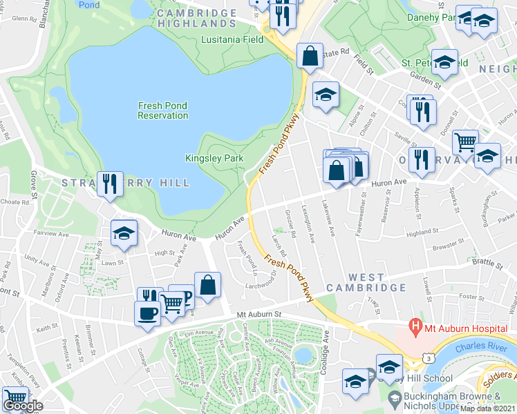 map of restaurants, bars, coffee shops, grocery stores, and more near 183 Larch Road in Cambridge