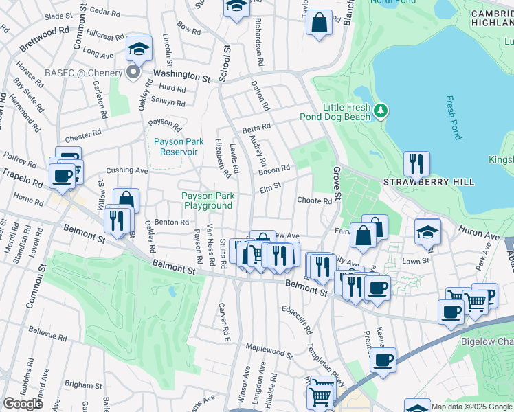 map of restaurants, bars, coffee shops, grocery stores, and more near 57 Elm Street in Belmont