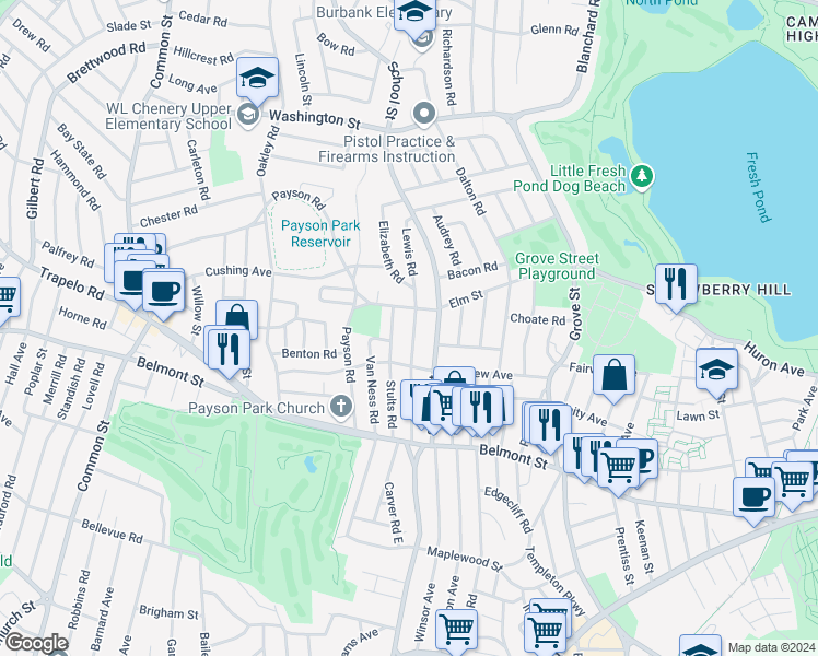 map of restaurants, bars, coffee shops, grocery stores, and more near 136 Lewis Road in Belmont