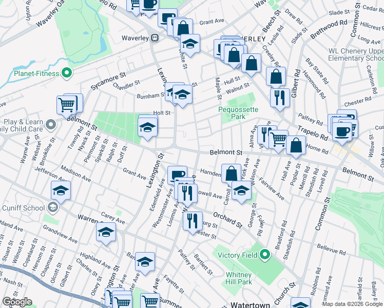 map of restaurants, bars, coffee shops, grocery stores, and more near in Belmont