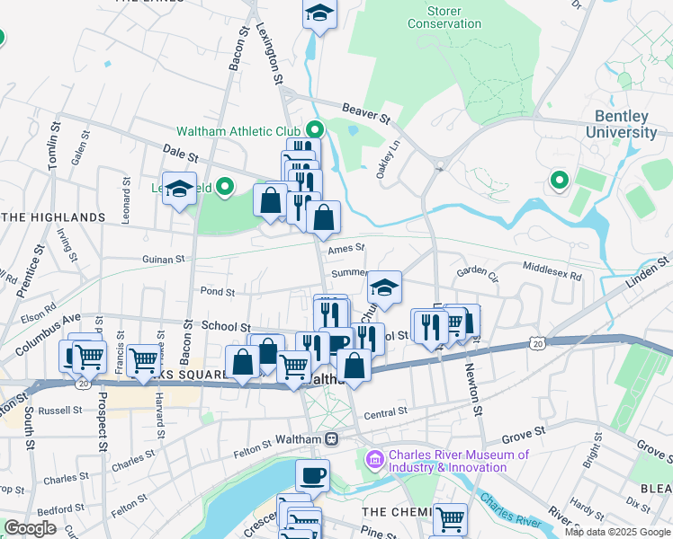 map of restaurants, bars, coffee shops, grocery stores, and more near 24 Lexington Terrace in Waltham