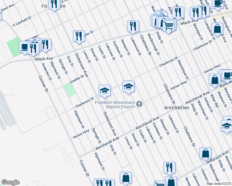 map of restaurants, bars, coffee shops, grocery stores, and more near 13231 Charlevoix Street in Detroit