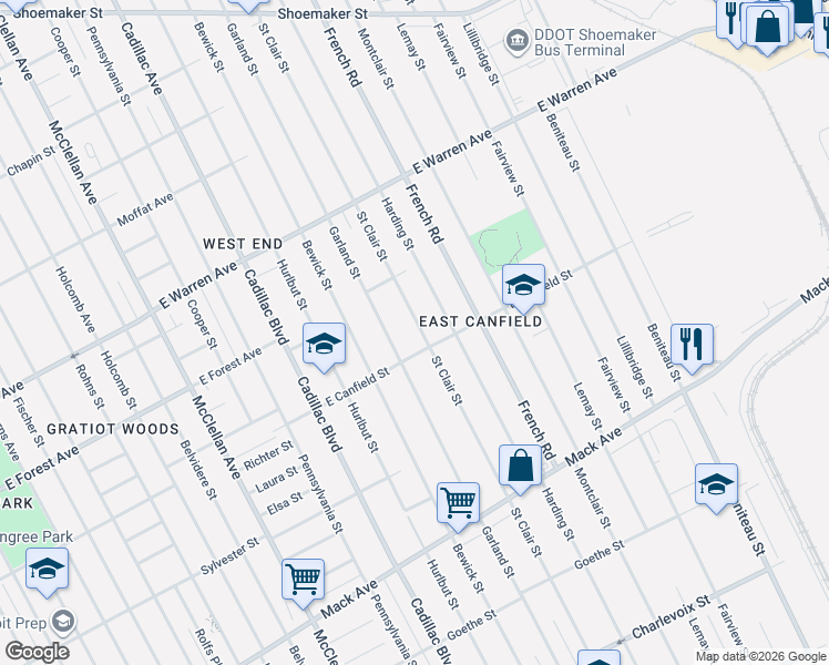 map of restaurants, bars, coffee shops, grocery stores, and more near 4485 Saint Clair Street in Detroit