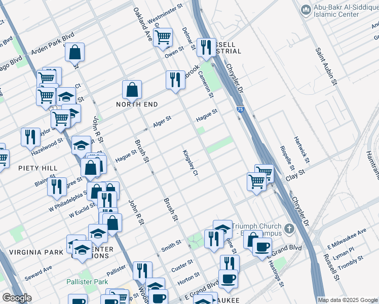 map of restaurants, bars, coffee shops, grocery stores, and more near 654 East Philadelphia Street in Detroit