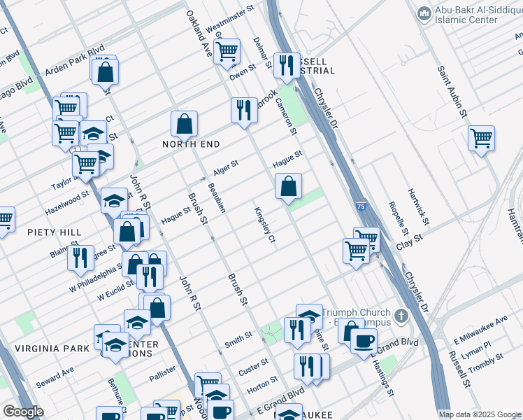 map of restaurants, bars, coffee shops, grocery stores, and more near 654 East Philadelphia Street in Detroit