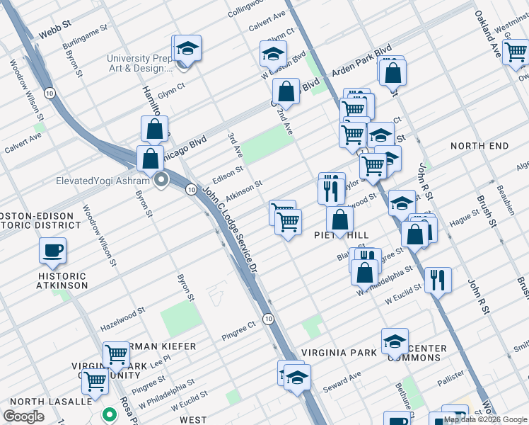 map of restaurants, bars, coffee shops, grocery stores, and more near 9115 3rd Avenue in Detroit
