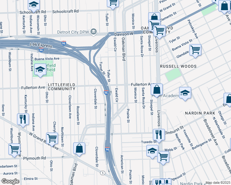 map of restaurants, bars, coffee shops, grocery stores, and more near 7501 Fullerton Avenue in Detroit