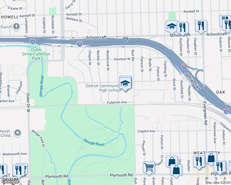 map of restaurants, bars, coffee shops, grocery stores, and more near 12707 Blackstone Street in Detroit