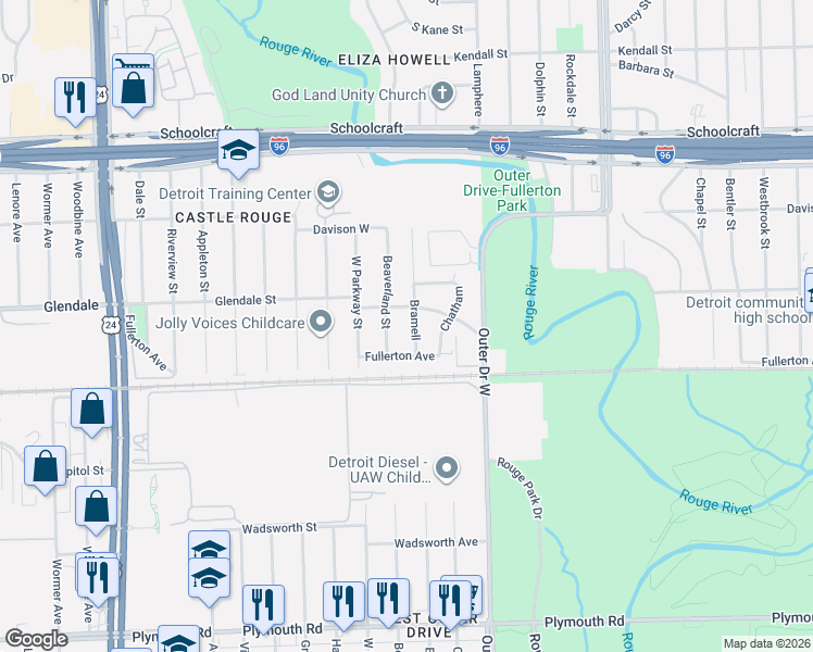 map of restaurants, bars, coffee shops, grocery stores, and more near 22466 Glendale Street in Detroit