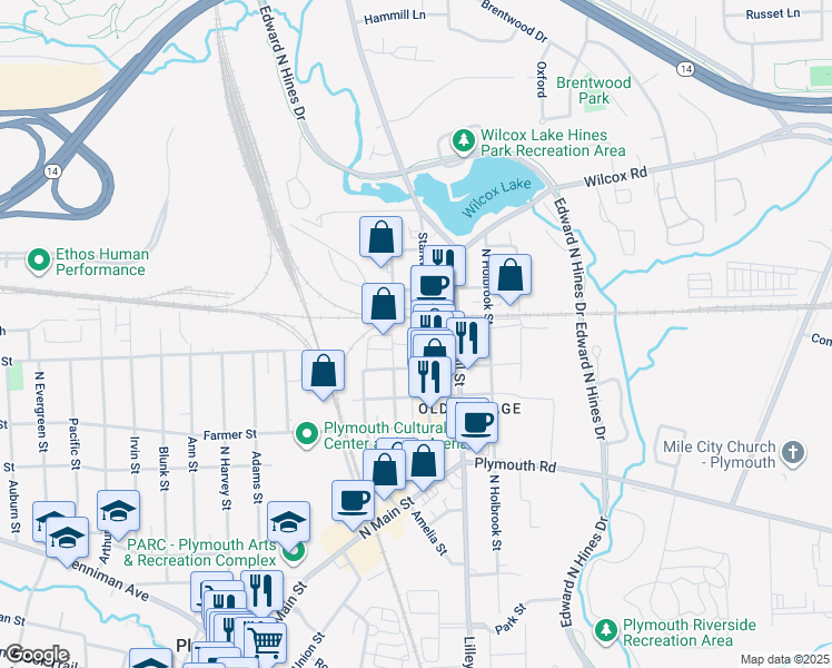 map of restaurants, bars, coffee shops, grocery stores, and more near 297 West Pearl Street in Plymouth