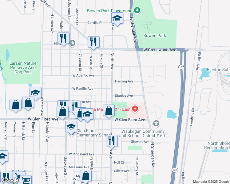 map of restaurants, bars, coffee shops, grocery stores, and more near 1503 North Avenue in Waukegan