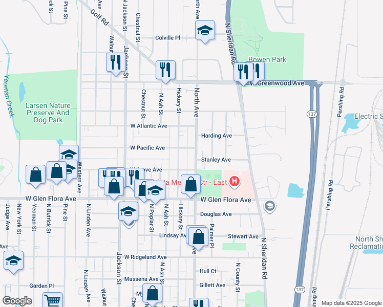 map of restaurants, bars, coffee shops, grocery stores, and more near 1503 North Avenue in Waukegan