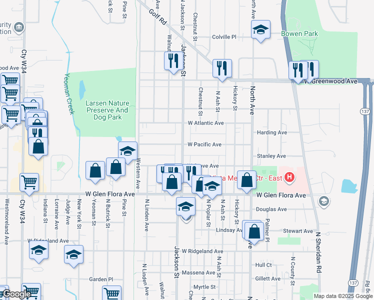 map of restaurants, bars, coffee shops, grocery stores, and more near 1509 North Jackson Street in Waukegan
