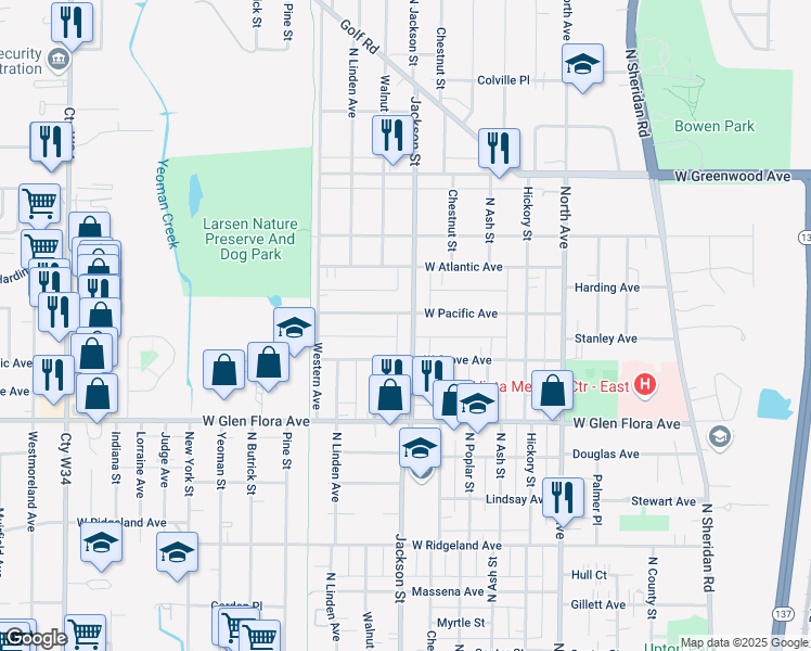 map of restaurants, bars, coffee shops, grocery stores, and more near 1509 North Jackson Street in Waukegan
