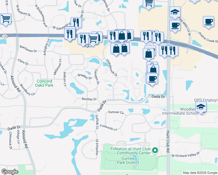 map of restaurants, bars, coffee shops, grocery stores, and more near 6840 Chesapeake Court in Gurnee