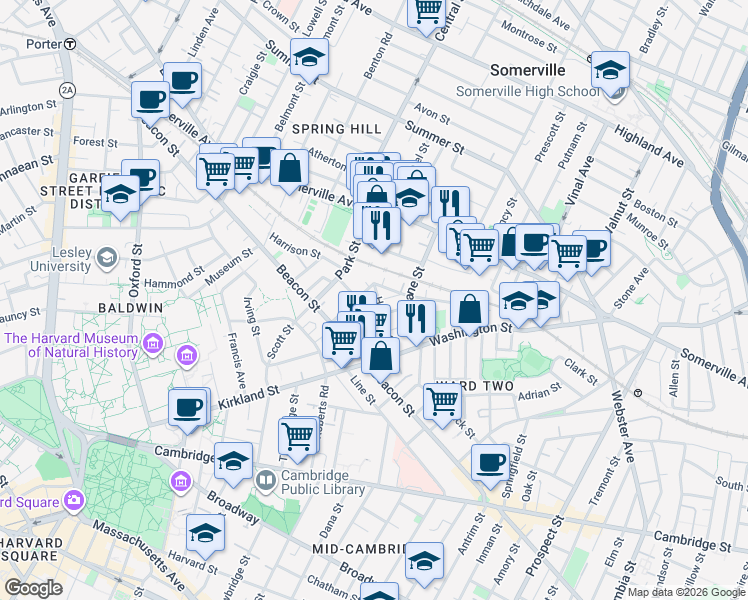 map of restaurants, bars, coffee shops, grocery stores, and more near 55 Village Street in Somerville