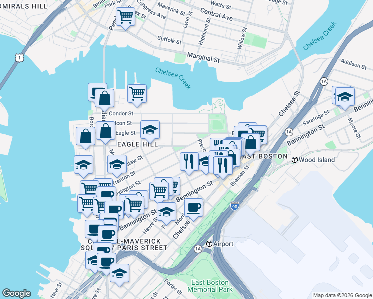 map of restaurants, bars, coffee shops, grocery stores, and more near 175 Trenton Street in Boston