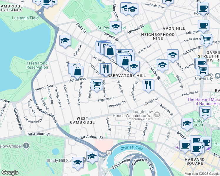 map of restaurants, bars, coffee shops, grocery stores, and more near 11 Hemlock Road in Cambridge
