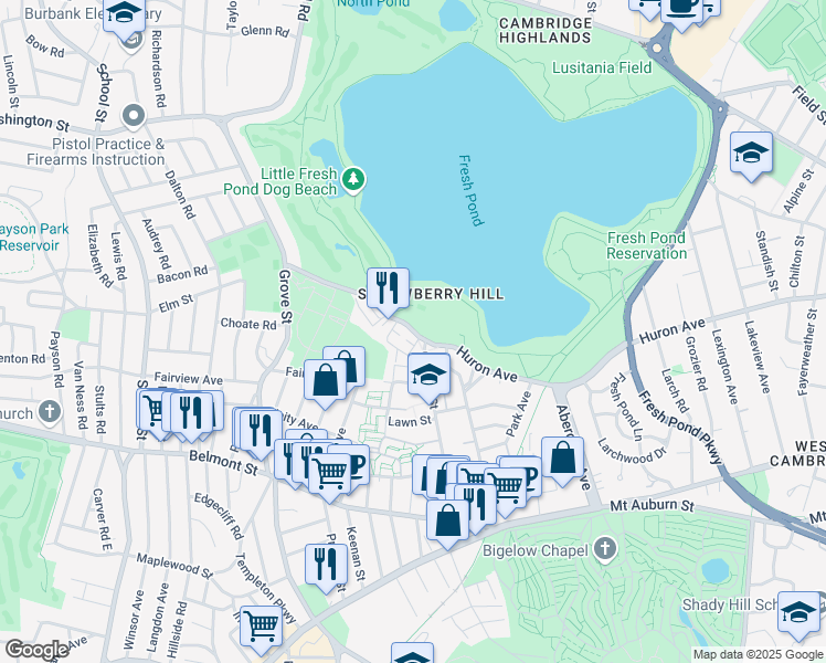 map of restaurants, bars, coffee shops, grocery stores, and more near 676 Huron Ave in Mid-Cambridge