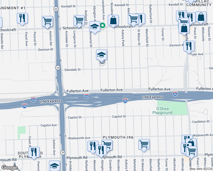 map of restaurants, bars, coffee shops, grocery stores, and more near 12674 Grandmont Avenue in Detroit