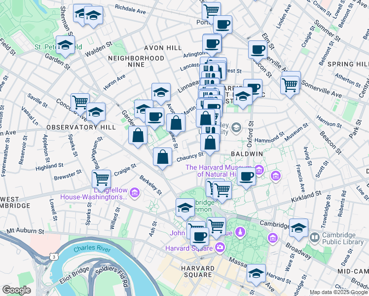 map of restaurants, bars, coffee shops, grocery stores, and more near 34 Shepard Street in Cambridge