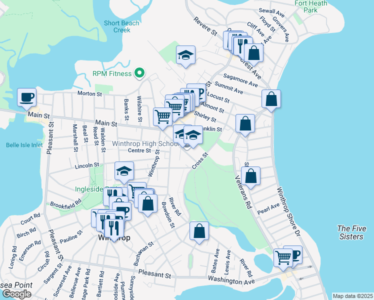 map of restaurants, bars, coffee shops, grocery stores, and more near 400 Main Street in Winthrop