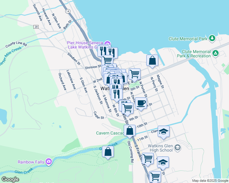 map of restaurants, bars, coffee shops, grocery stores, and more near 409 North Franklin Street in Watkins Glen