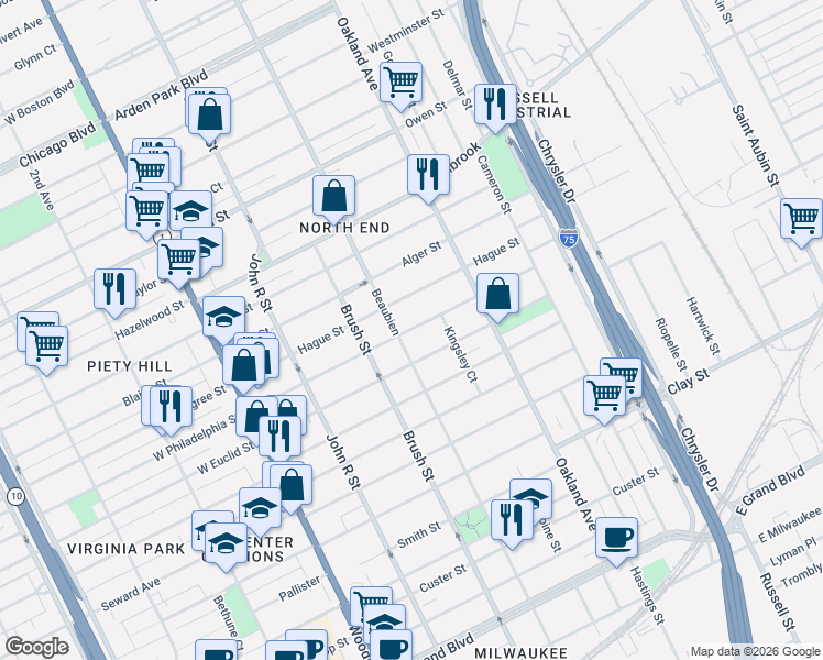 map of restaurants, bars, coffee shops, grocery stores, and more near 579 East Philadelphia Street in Detroit