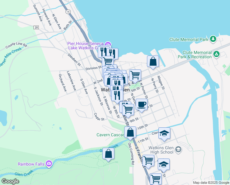 map of restaurants, bars, coffee shops, grocery stores, and more near 409 North Franklin Street in Watkins Glen