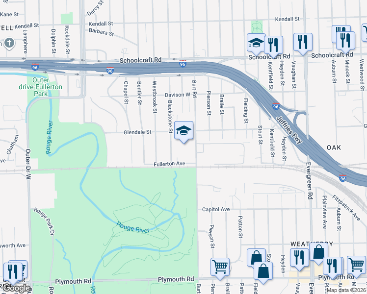 map of restaurants, bars, coffee shops, grocery stores, and more near 12675 Burt Road in Detroit