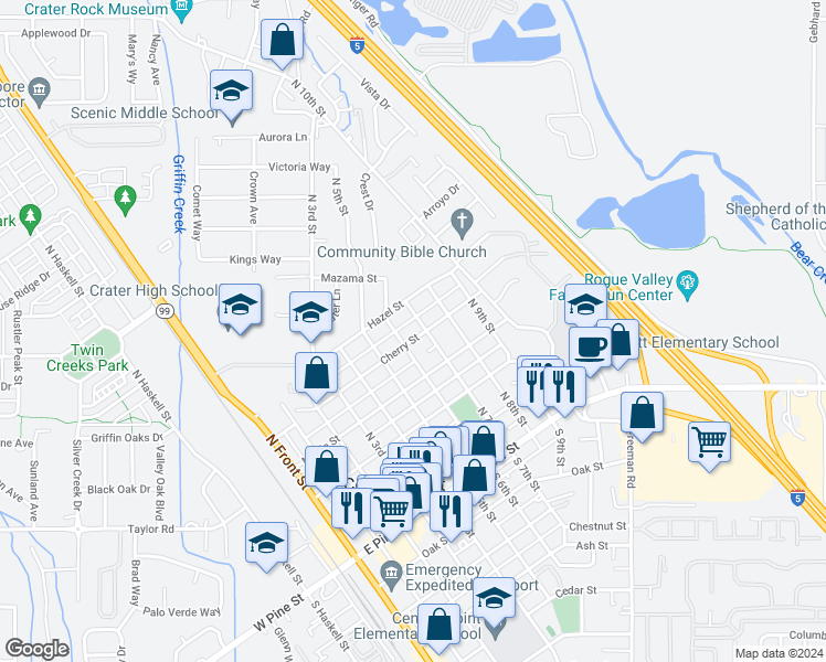 map of restaurants, bars, coffee shops, grocery stores, and more near 635 Cherry Street in Central Point