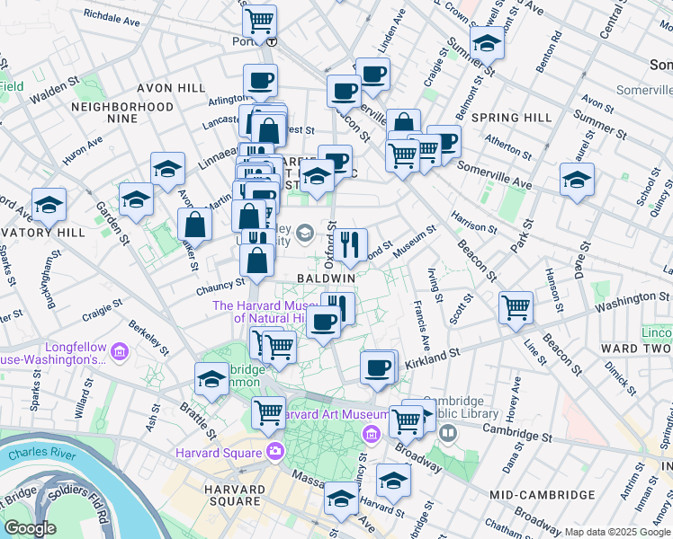 map of restaurants, bars, coffee shops, grocery stores, and more near 60 Oxford Street in Cambridge