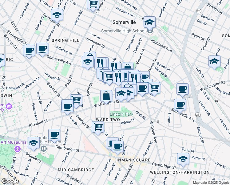 map of restaurants, bars, coffee shops, grocery stores, and more near 400 Somerville Avenue in Somerville