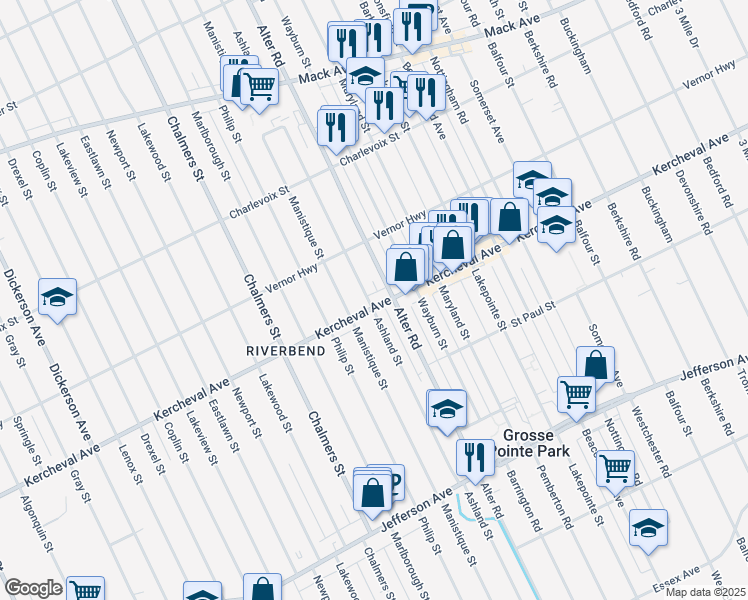 map of restaurants, bars, coffee shops, grocery stores, and more near 2151 Alter Road in Detroit