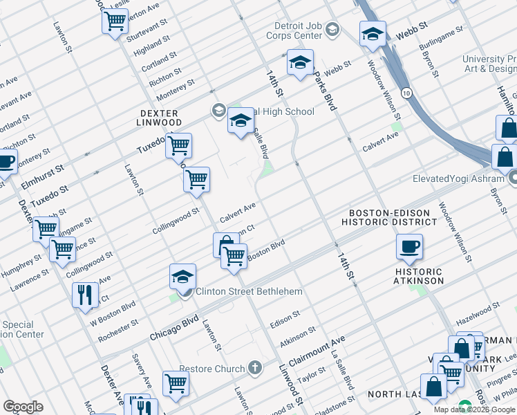 map of restaurants, bars, coffee shops, grocery stores, and more near 2400 Calvert Avenue in Detroit