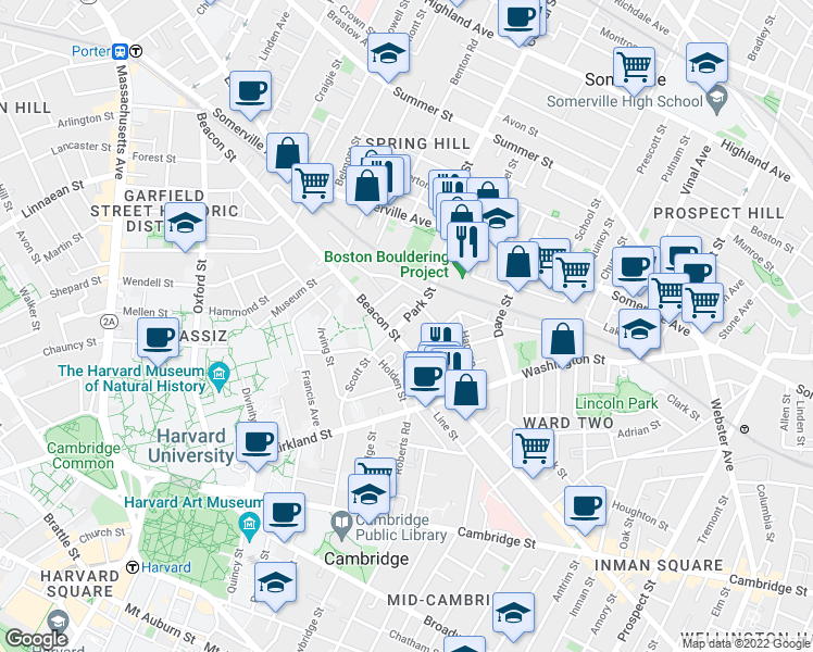 map of restaurants, bars, coffee shops, grocery stores, and more near 54 Park Street in Somerville