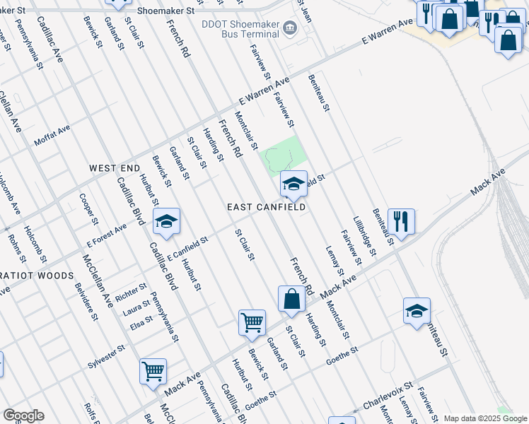 map of restaurants, bars, coffee shops, grocery stores, and more near 4418 French Road in Detroit