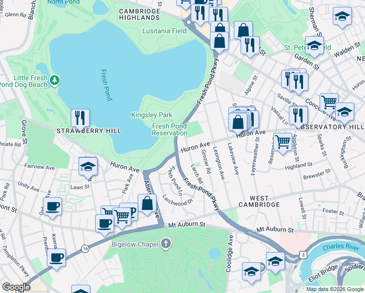 map of restaurants, bars, coffee shops, grocery stores, and more near 183 Larch Road in Cambridge