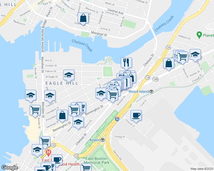 map of restaurants, bars, coffee shops, grocery stores, and more near 286 Lexington Street in Boston