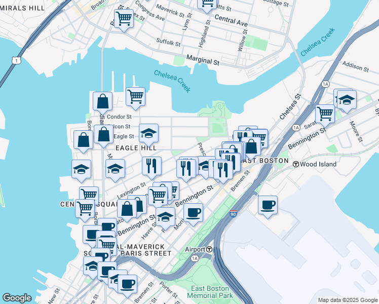 map of restaurants, bars, coffee shops, grocery stores, and more near 112 White Street in Boston