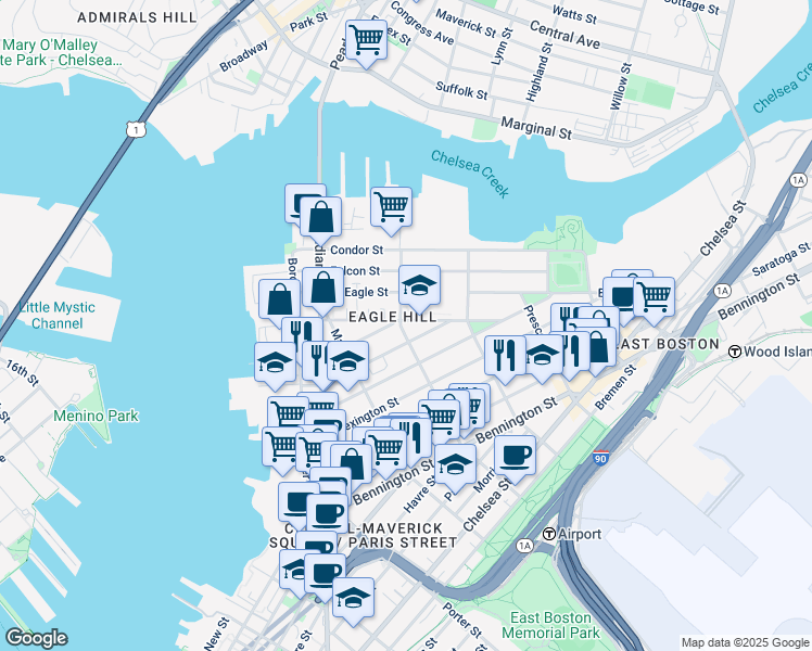 map of restaurants, bars, coffee shops, grocery stores, and more near 86 White Street in Boston