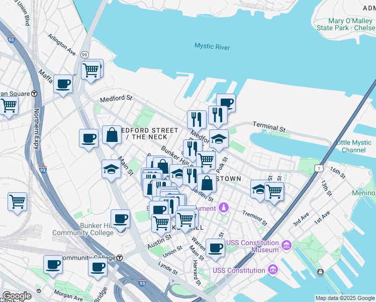 map of restaurants, bars, coffee shops, grocery stores, and more near 16 Hill Street in Boston