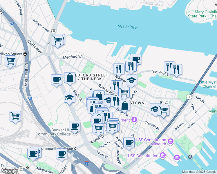 map of restaurants, bars, coffee shops, grocery stores, and more near 16 Hill Street in Boston