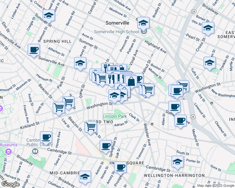 map of restaurants, bars, coffee shops, grocery stores, and more near in Somerville
