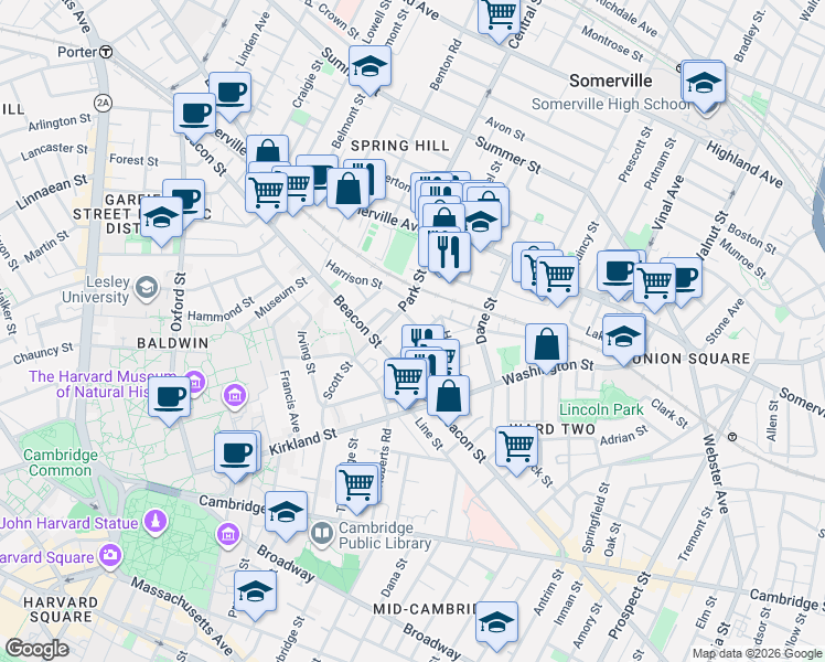 map of restaurants, bars, coffee shops, grocery stores, and more near 54 Park Street in Somerville