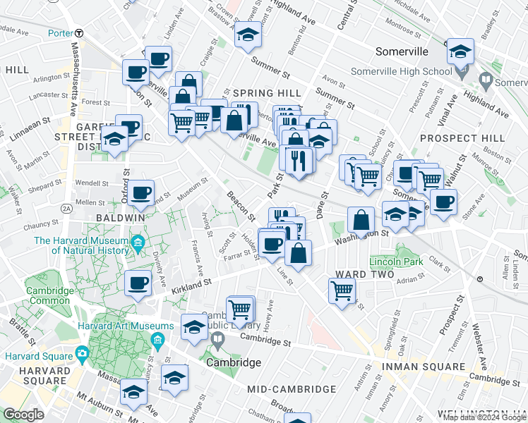 map of restaurants, bars, coffee shops, grocery stores, and more near 54 Park Street in Somerville